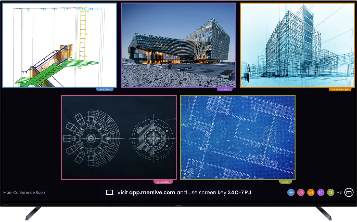 The room display in Main Conference Room showing five shared posts at once - a stair detail, a photo of a building, a wireframe massing study, a mechanical drawing and a floor plan - each tagged with the name of the person sharing it, above a bar reading Visit app.mersive.com and use screen key 34C-7PJ