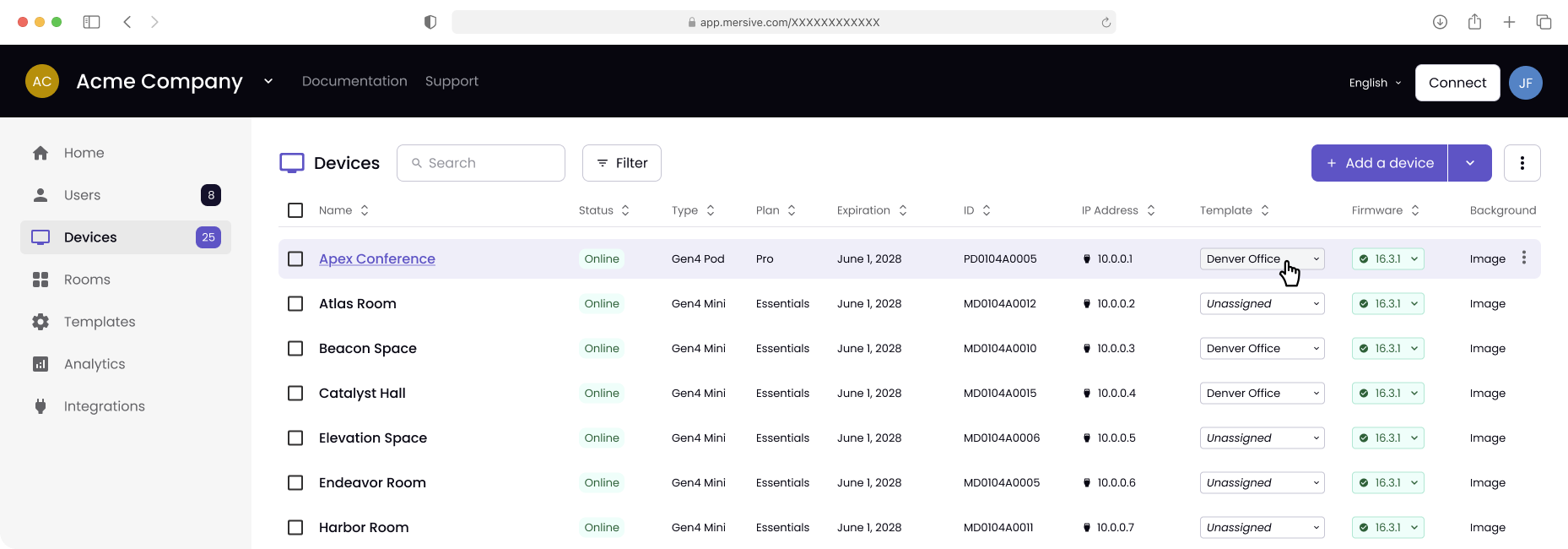 Polaris Cloud console: Devices view listing rooms, tiers, firmware and status, with fleet KPIs